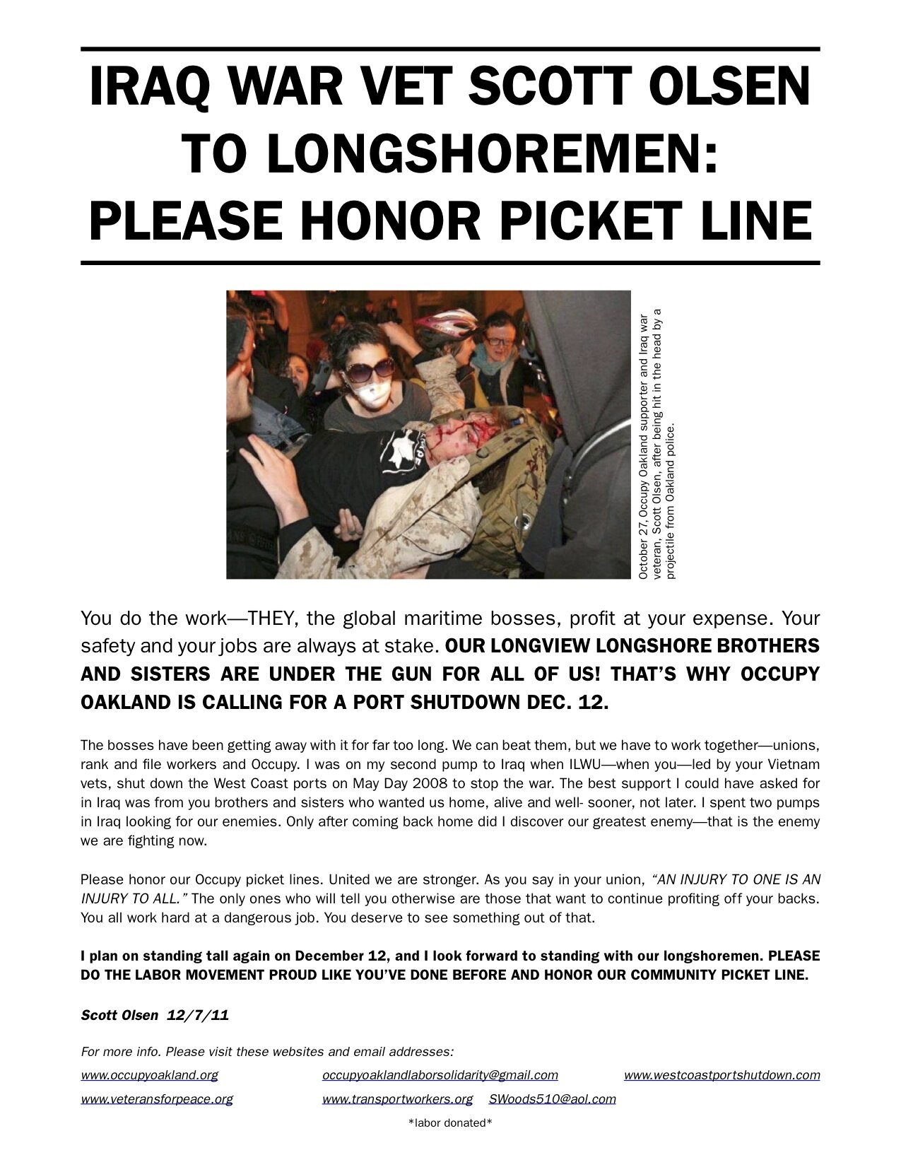 Iraq War Vet Scott Olsen to Longshoremen: Please Honor Picket Line